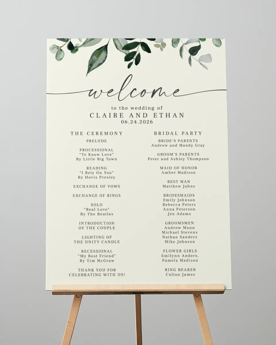 This is a 20" x 28" Ceremony Sign called Eucalyptus Greenery printed in full color
