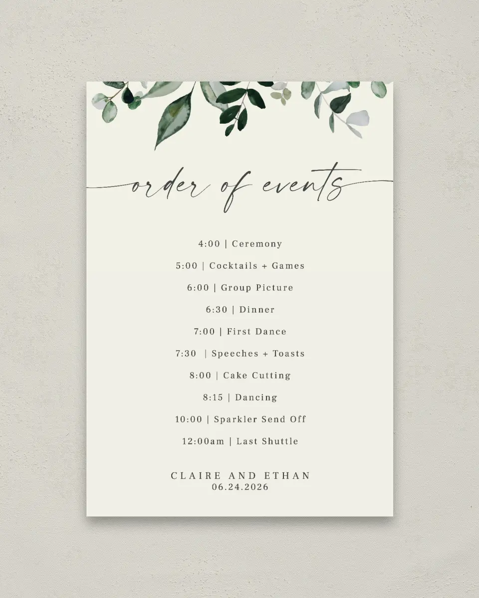 This is a 20" x 28" Schedule Sign called Eucalyptus Greenery printed in full color