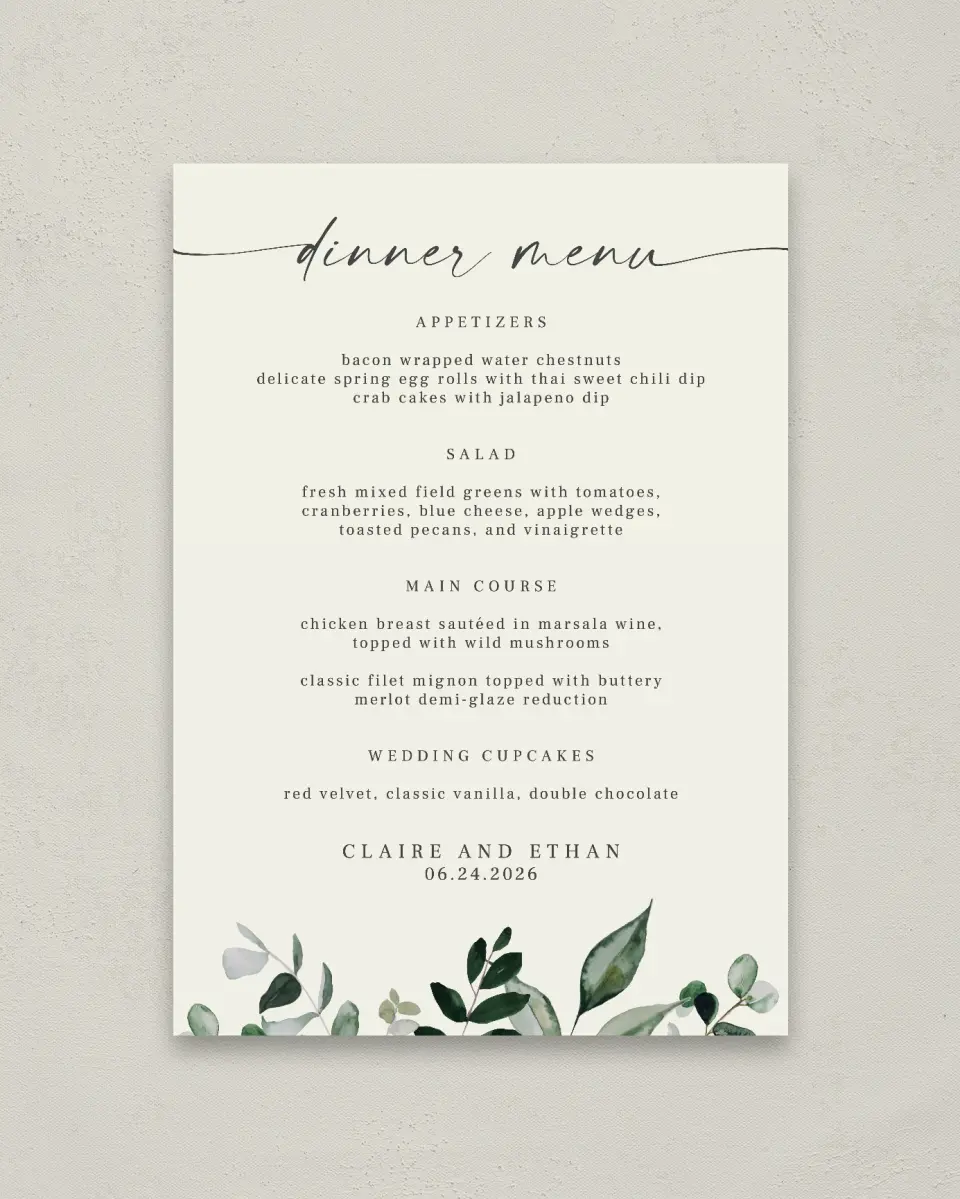 This is a 20" x 28" Menu Sign called Eucalyptus Greenery printed in full color with Rose Gold foil