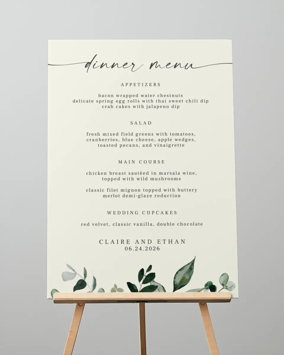 This is a 20" x 28" Menu Sign called Eucalyptus Greenery printed in full color with Silver foil