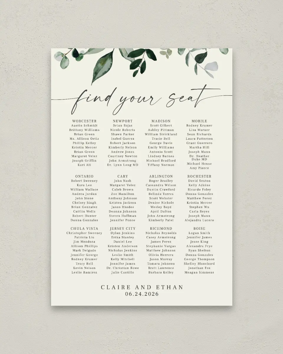 This is a 20" x 28" Seating Chart Sign called Eucalyptus Greenery printed in full color