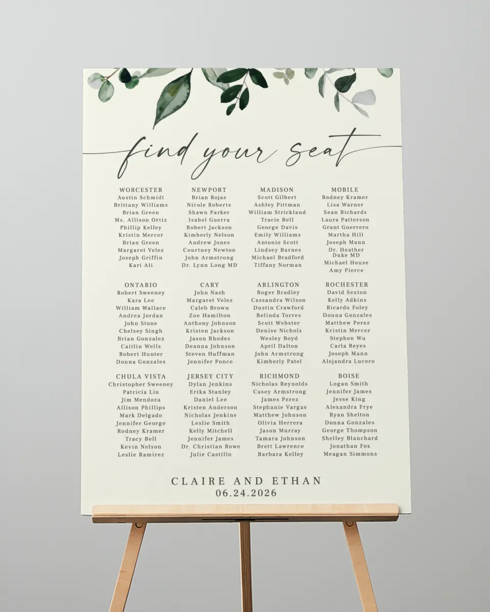 This is a 20" x 28" Seating Chart Sign called Eucalyptus Greenery printed in full color with Gold foil