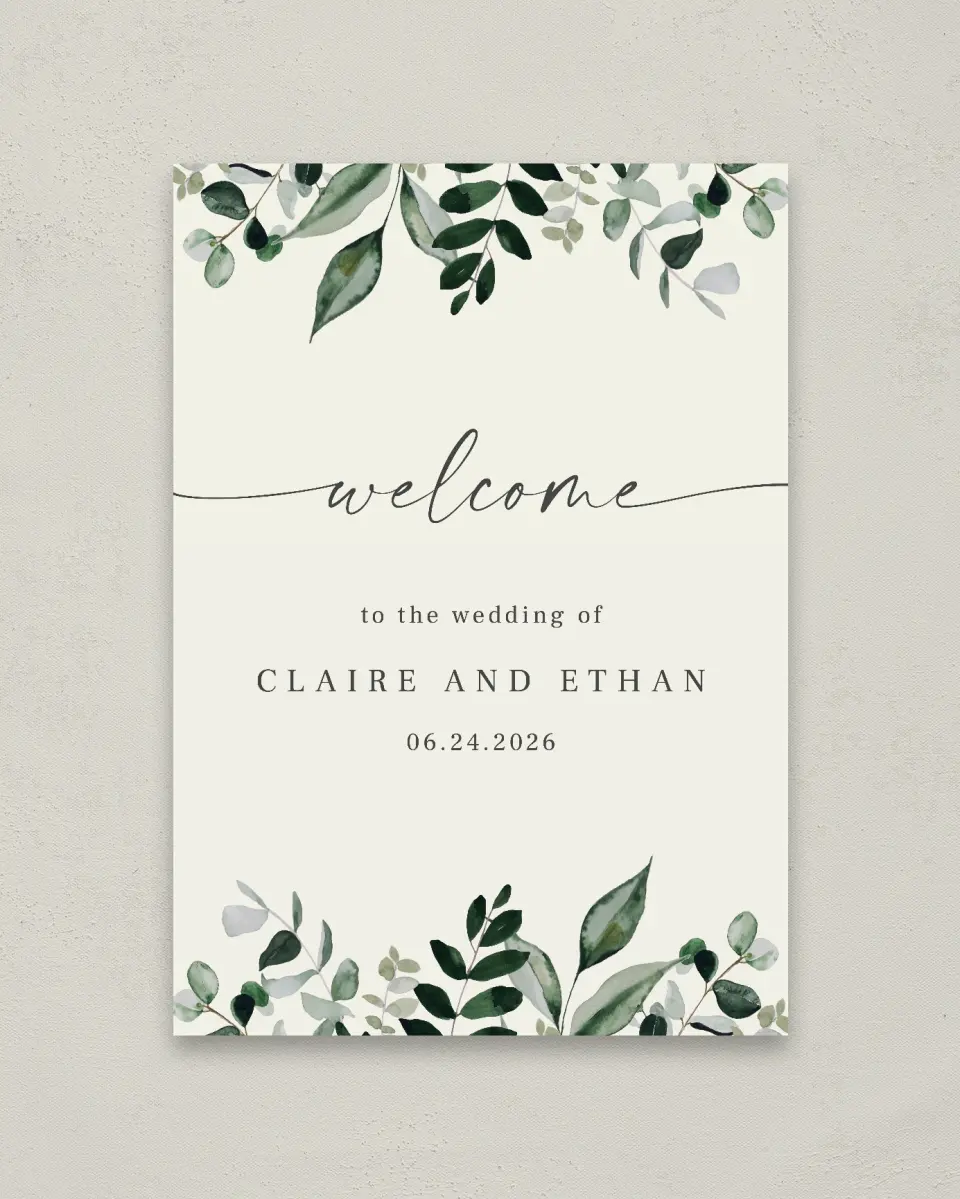 This is a 20" x 28" Welcome Sign called Eucalyptus Greenery printed in full color