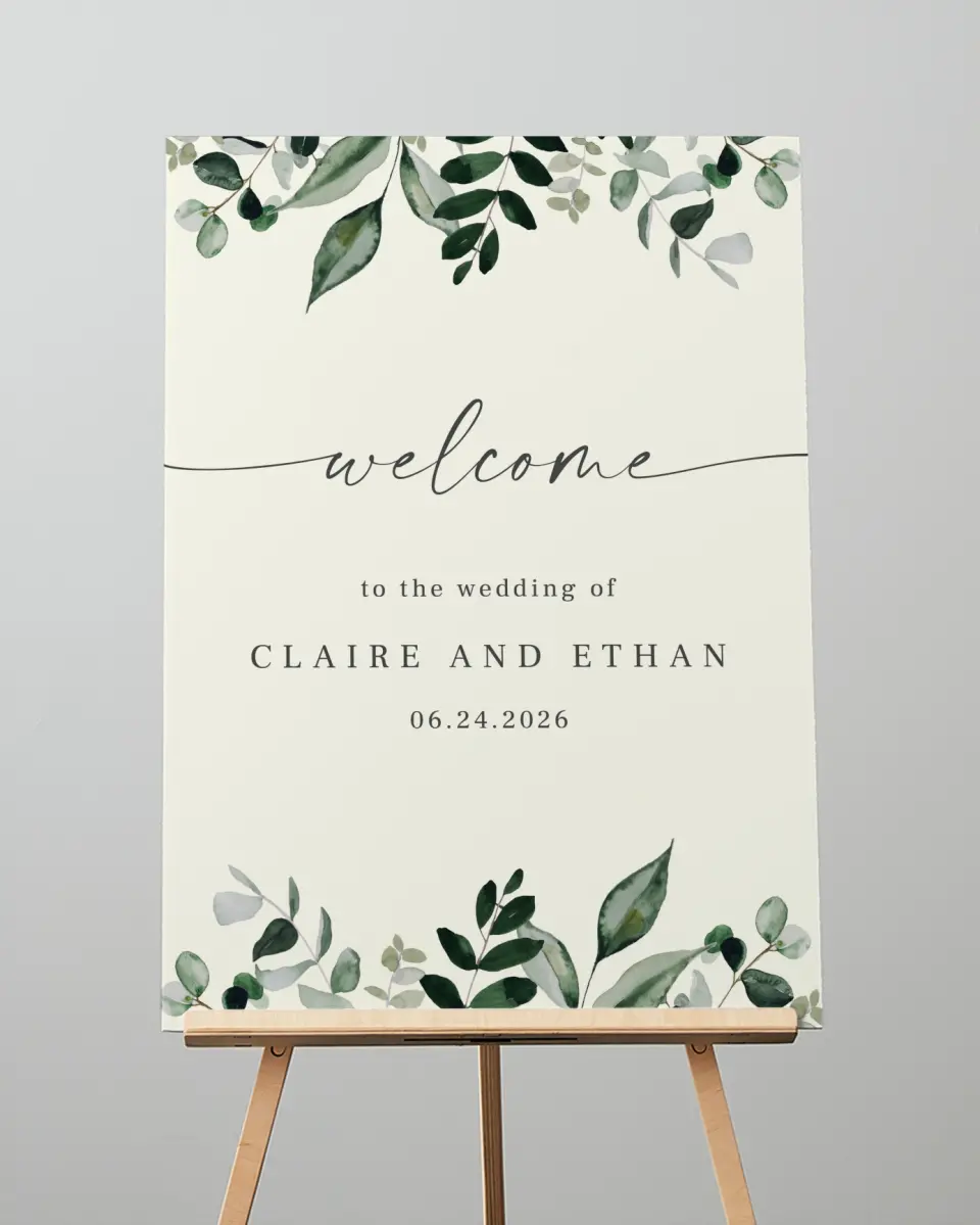 This is a 20" x 28" Welcome Sign called Eucalyptus Greenery printed in full color