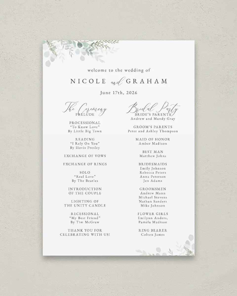 This is a 20" x 28" Ceremony Sign called Elegant Greenery printed in full color