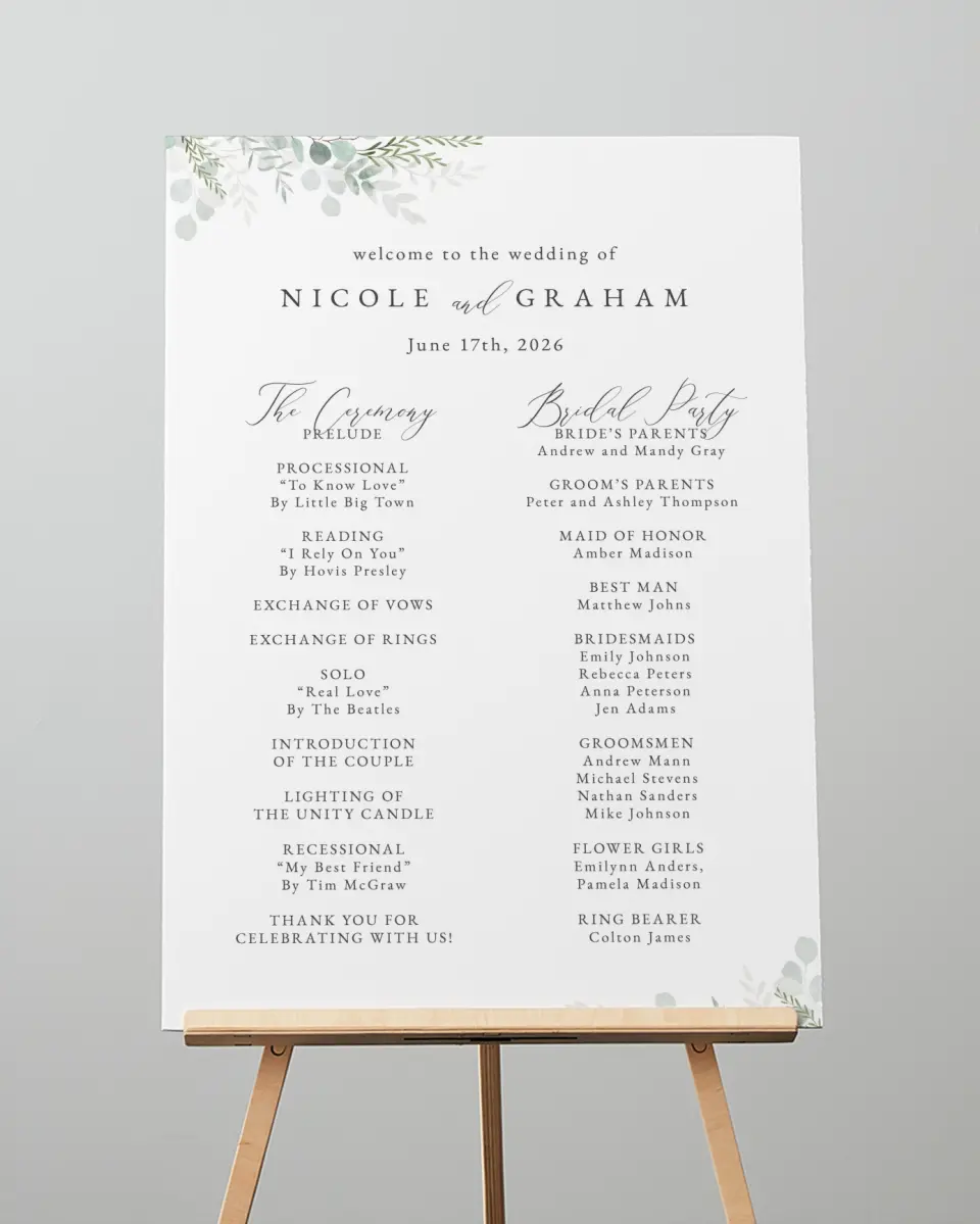 This is a 20" x 28" Ceremony Sign called Elegant Greenery printed in full color