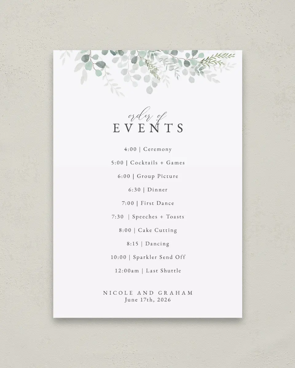 This is a 20" x 28" Schedule Sign called Elegant Greenery printed in full color