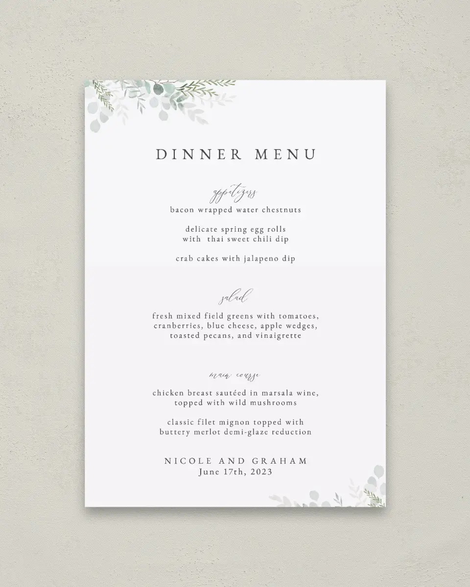 This is a 20" x 28" Menu Sign called Elegant Greenery printed in full color