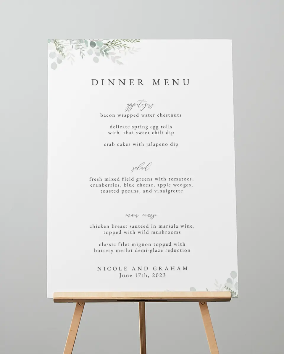 This is a 20" x 28" Menu Sign called Elegant Greenery printed in full color