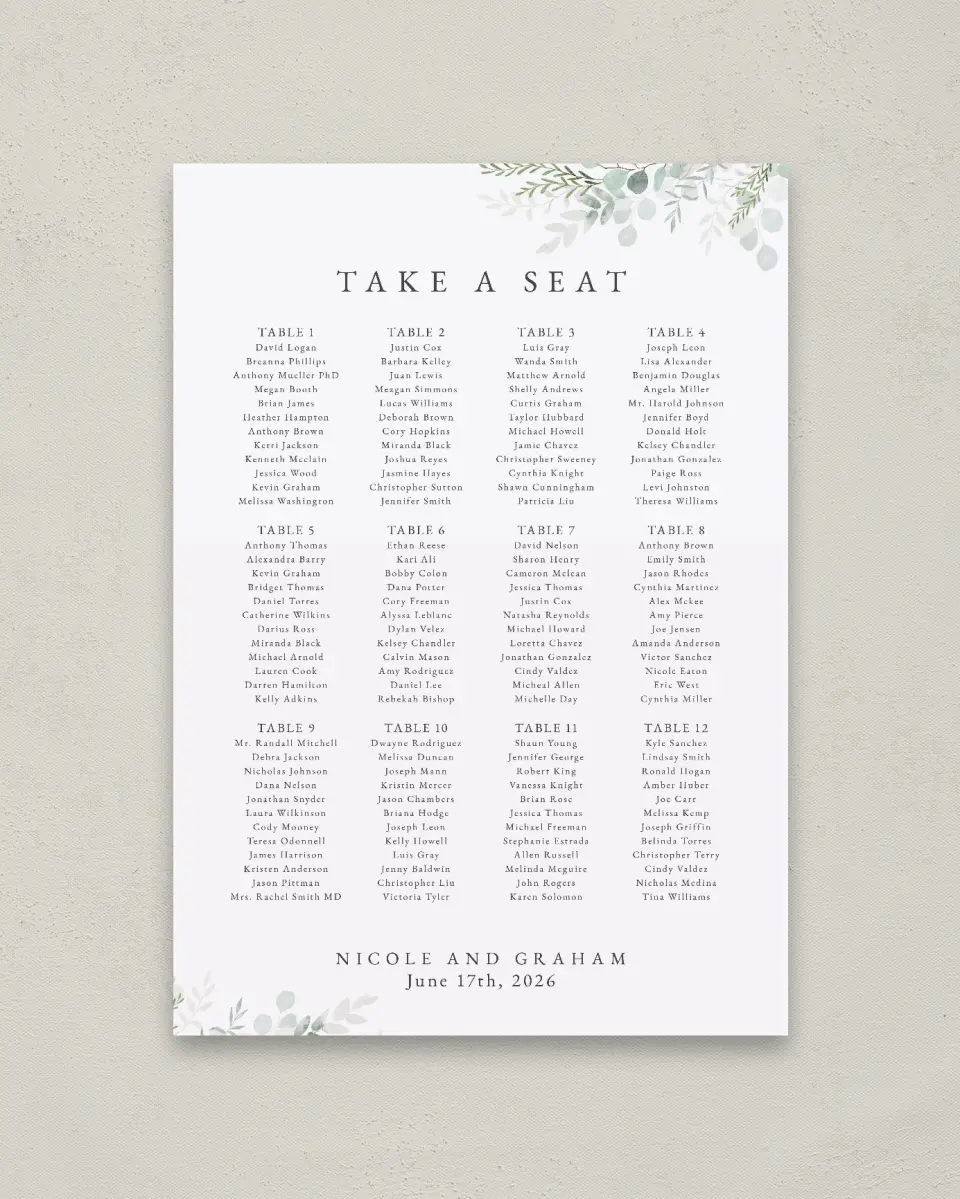 This is a 20" x 28" Seating Chart Sign called Elegant Greenery printed in full color