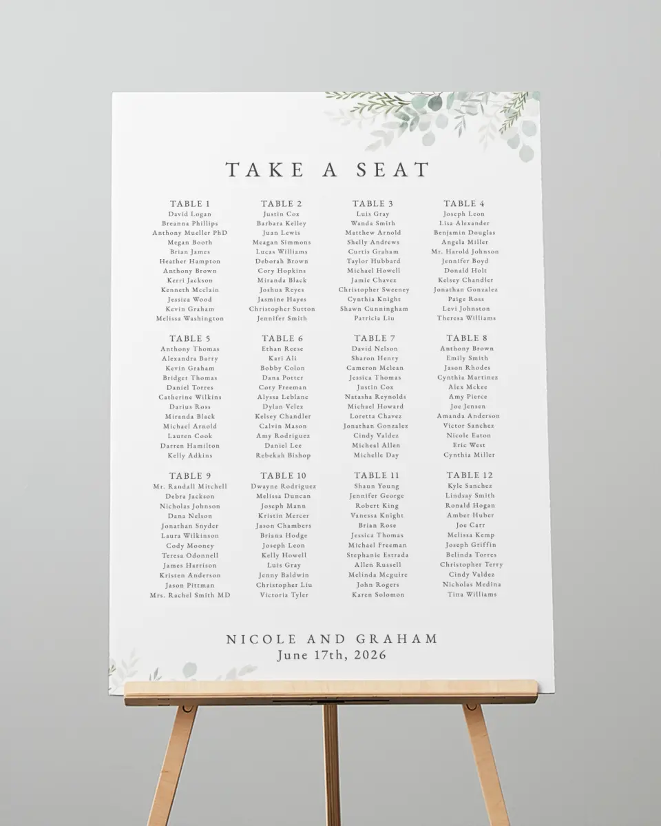 This is a 20" x 28" Seating Chart Sign called Elegant Greenery printed in full color