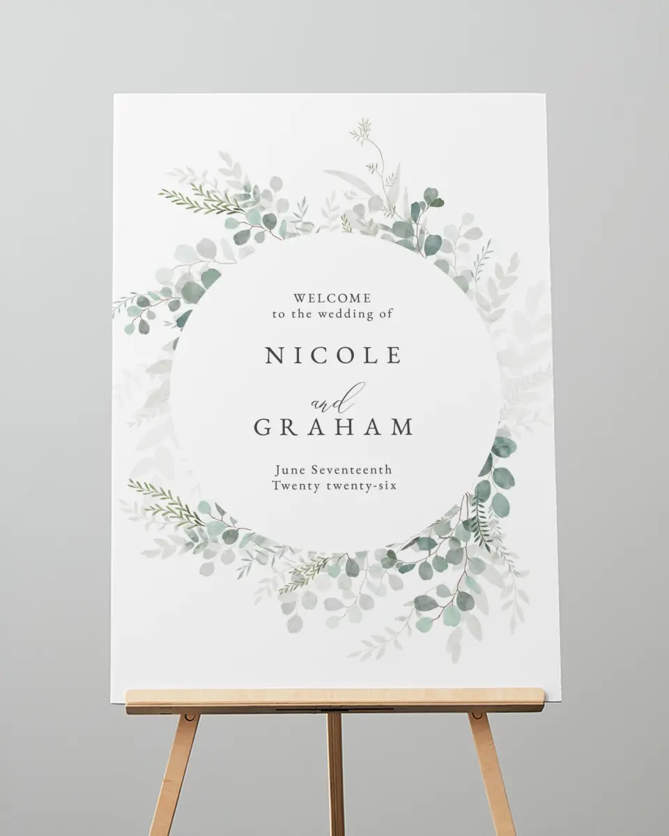 This is a 20" x 28" Welcome Sign called Elegant Greenery printed in full color