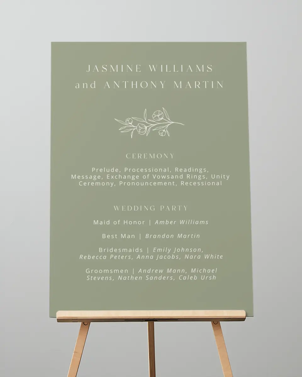 This is a 20" x 28" Ceremony Sign called The Jasmine printed in full color