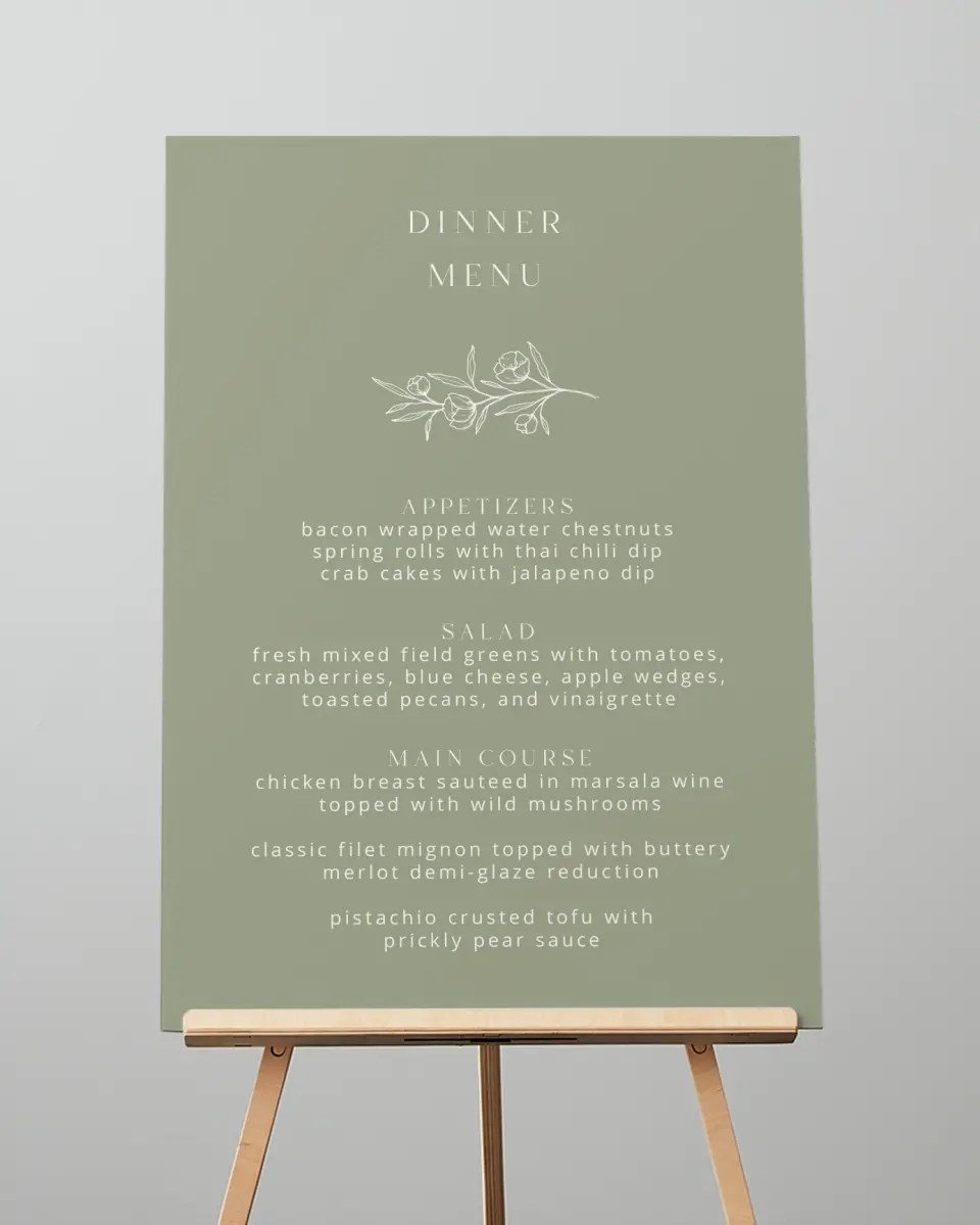 This is a 20" x 28" Menu Sign called The Jasmine printed in full color with Silver foil