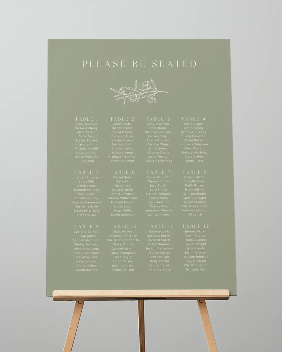 This is a 20" x 28" Seating Chart Sign called The Jasmine printed in full color