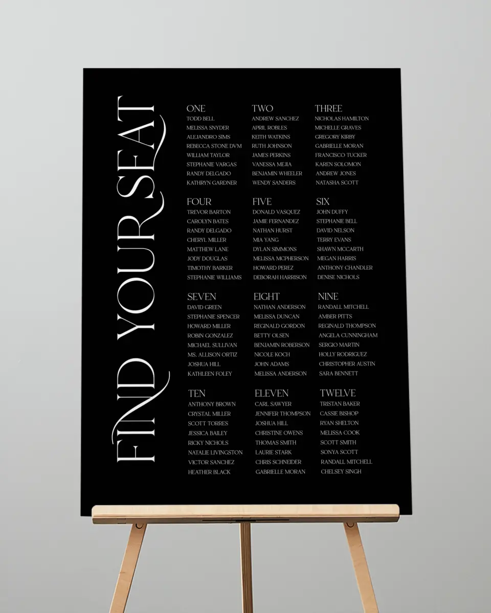 This is a 20" x 28" Seating Chart Sign called The Lucy printed in full color with Silver foil