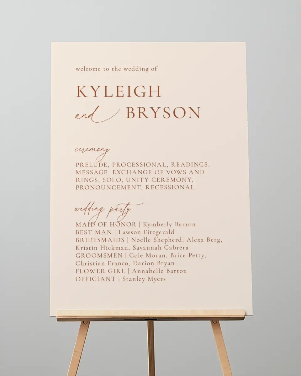 This is a 20" x 28" Ceremony Sign called The Kyleigh printed in full color
