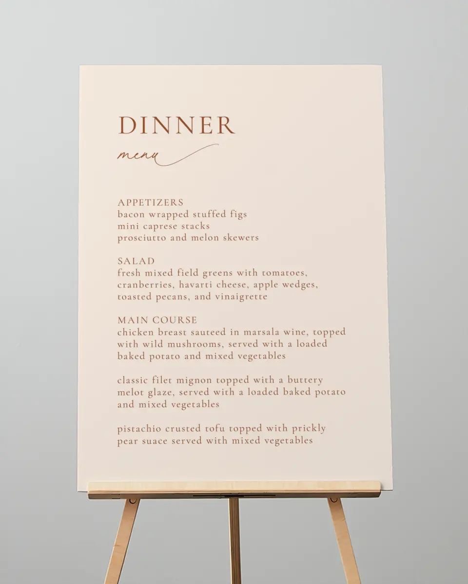This is a 20" x 28" Menu Sign called The Kyleigh printed in full color with Rose Gold foil