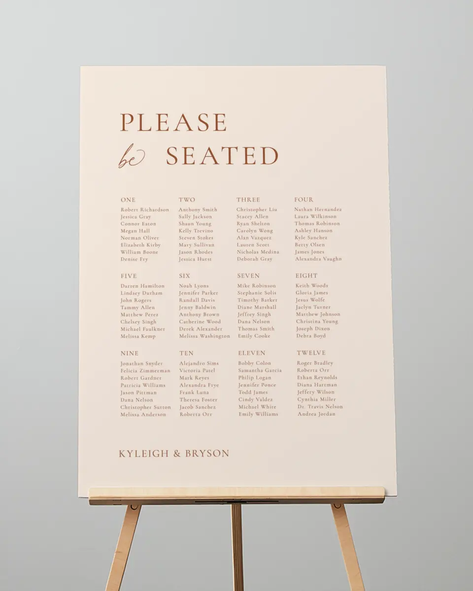 This is a 20" x 28" Seating Chart Sign called The Kyleigh printed in full color