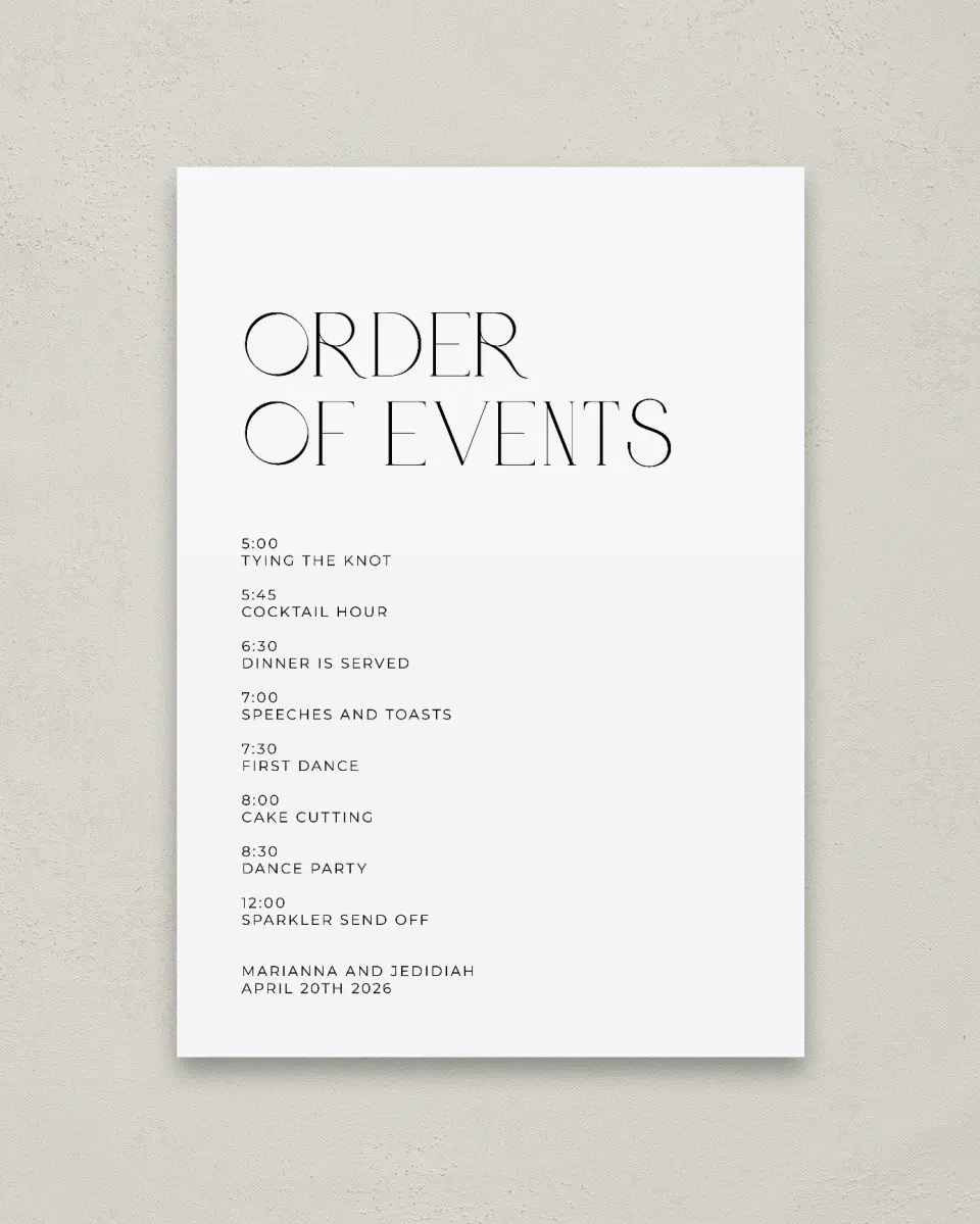 This is a 20" x 28" Schedule Sign called Blissful Vows printed in full color