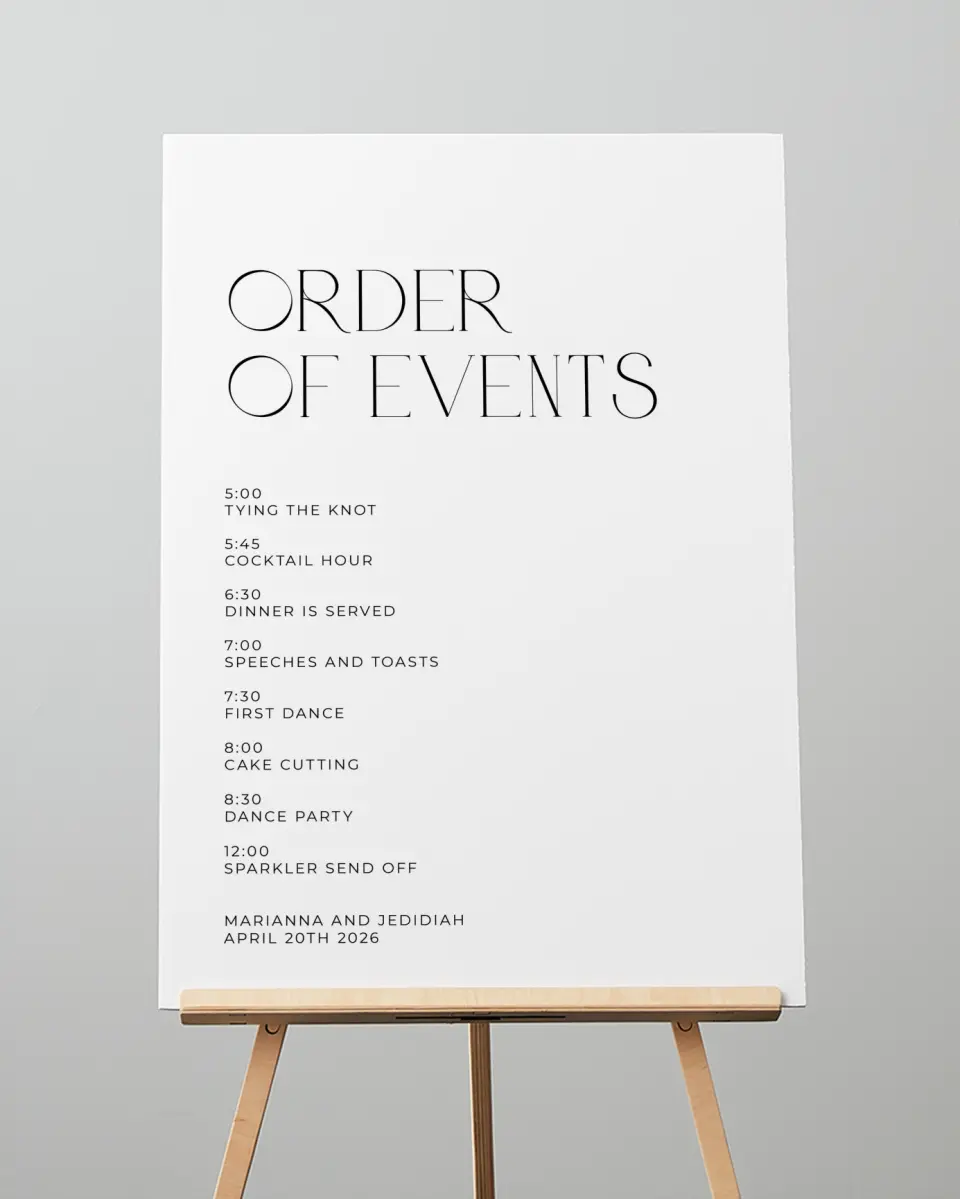 This is a 20" x 28" Schedule Sign called Blissful Vows printed in full color