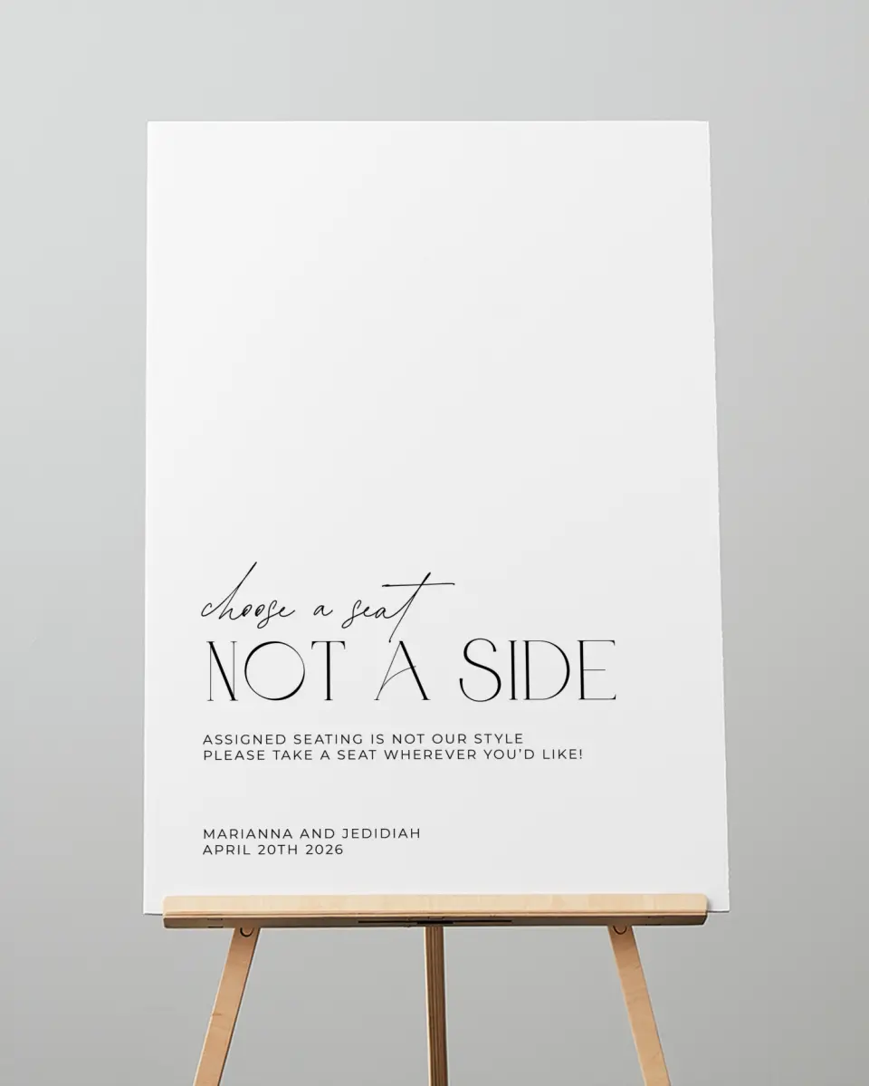 This is a 20" x 28" Pick a Seat Sign called Blissful Vows printed in full color