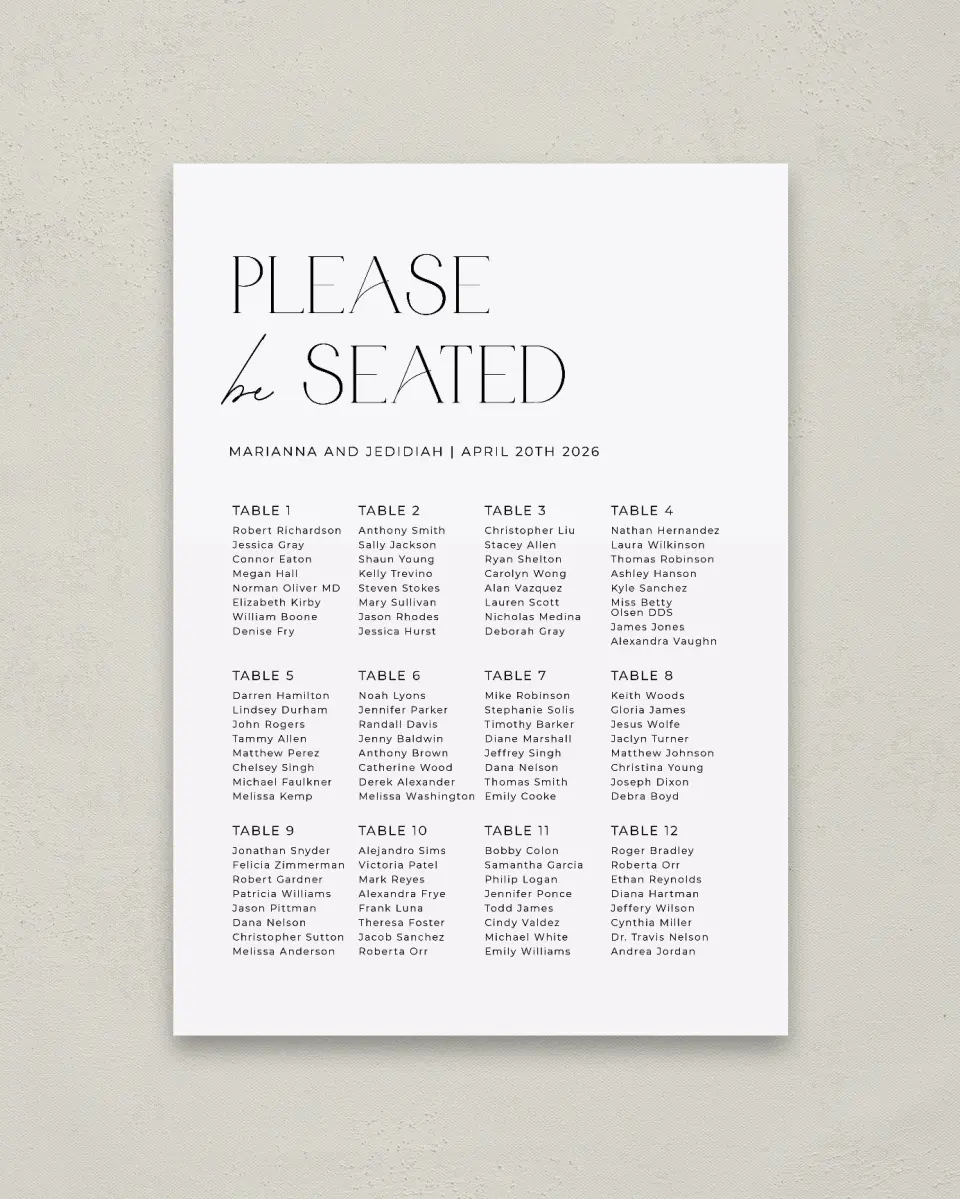 This is a 20" x 28" Seating Chart Sign called Blissful Vows printed in full color