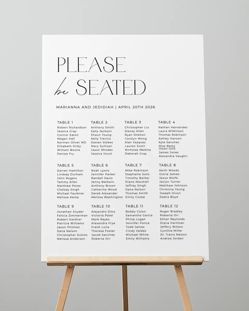 This is a 20" x 28" Seating Chart Sign called Blissful Vows printed in full color with Gold foil