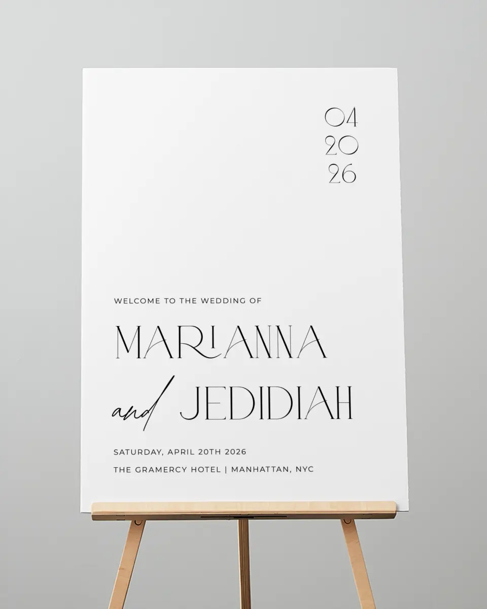 This is a 20" x 28" Welcome Sign called Blissful Vows printed in full color with Gold foil
