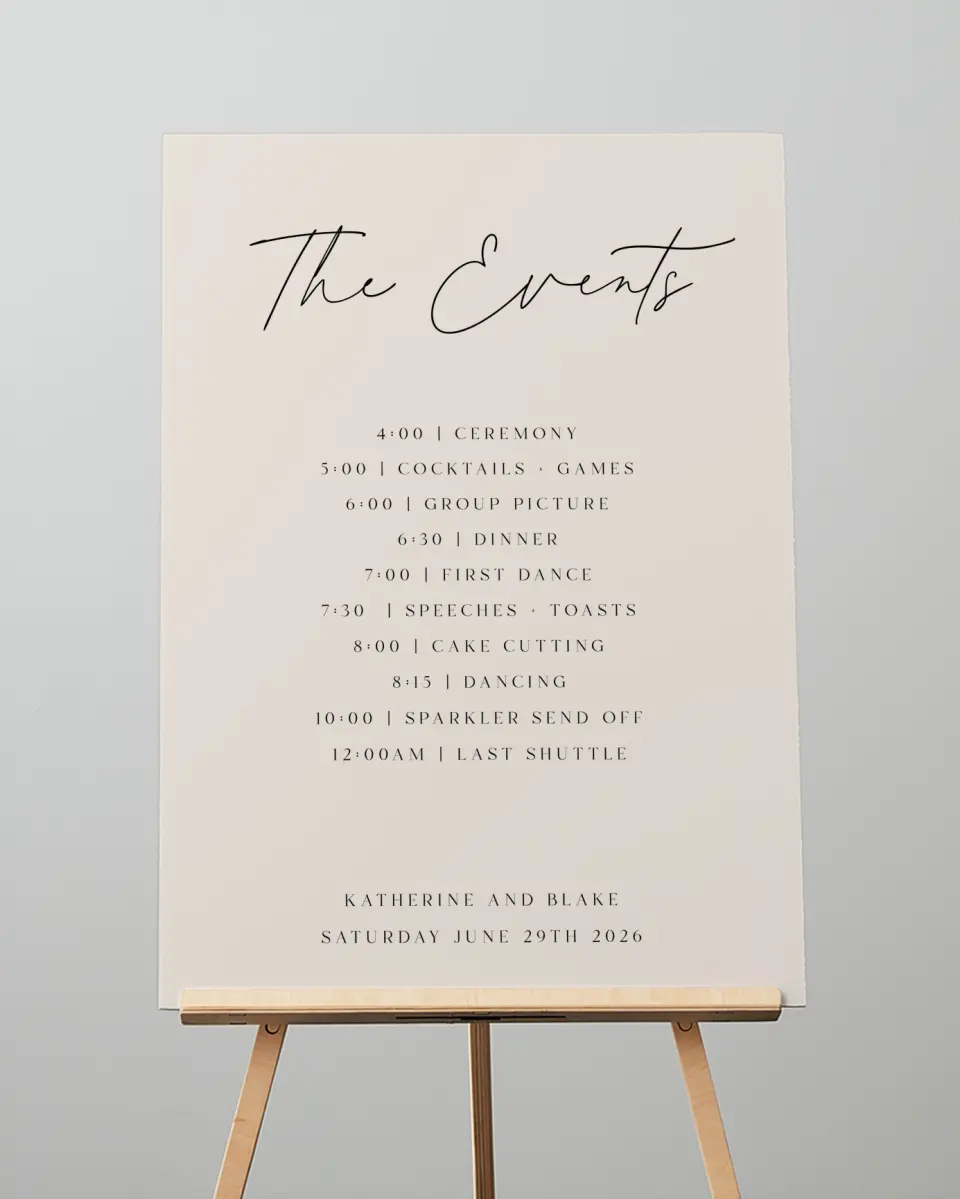 This is a 20" x 28" Schedule Sign called Simple Elegance printed in full color with Silver foil