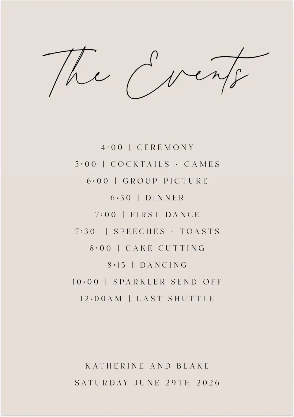 This is a 20" x 28" Schedule Sign called Simple Elegance printed in full color with Silver foil
