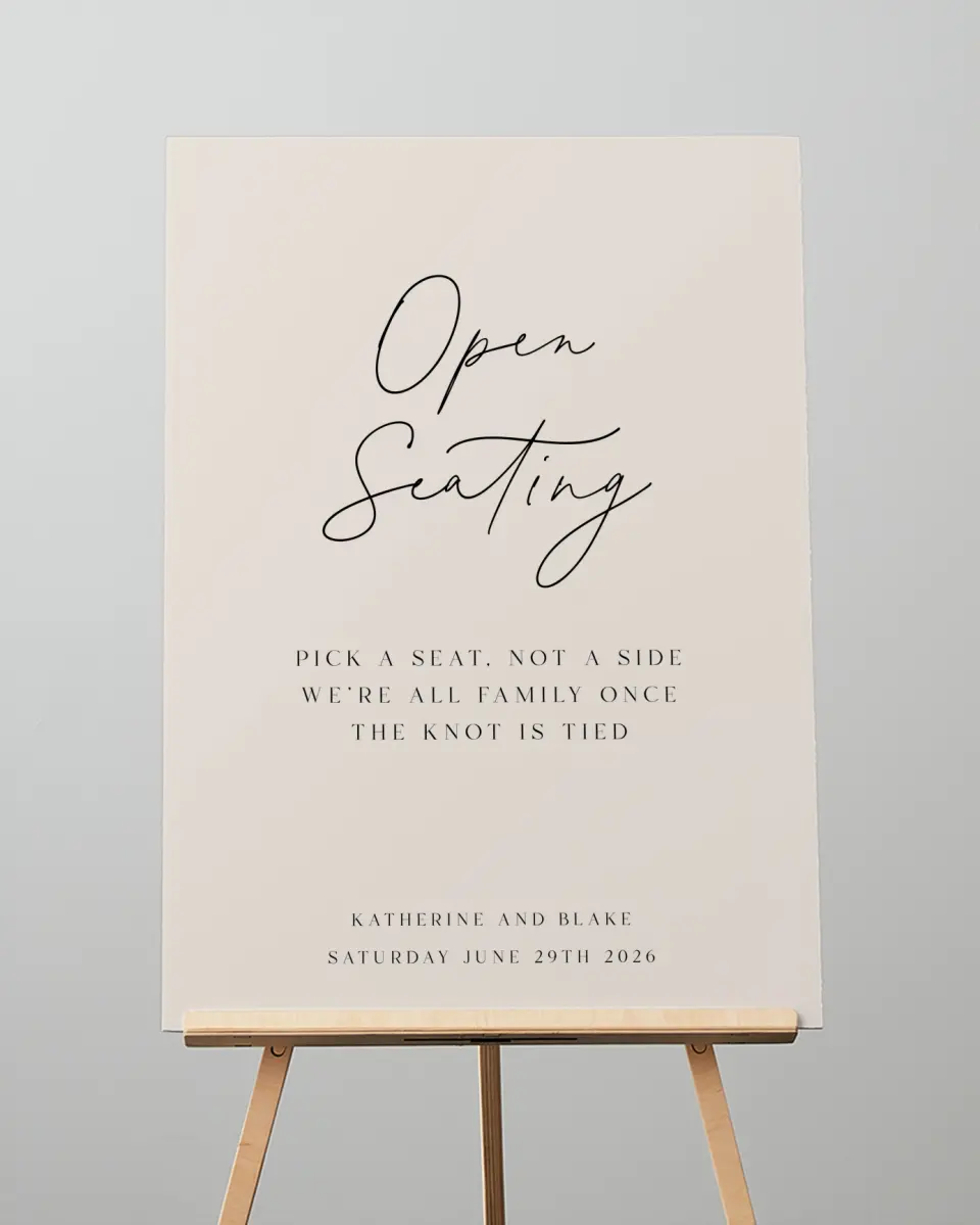 This is a 20" x 28" Pick a Seat Sign called Simple Elegance printed in full color with Silver foil