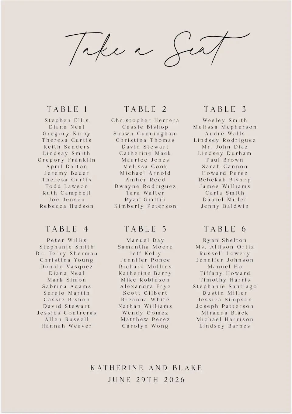 This is a 20" x 28" Seating Chart Sign called Simple Elegance printed in full color with Silver foil