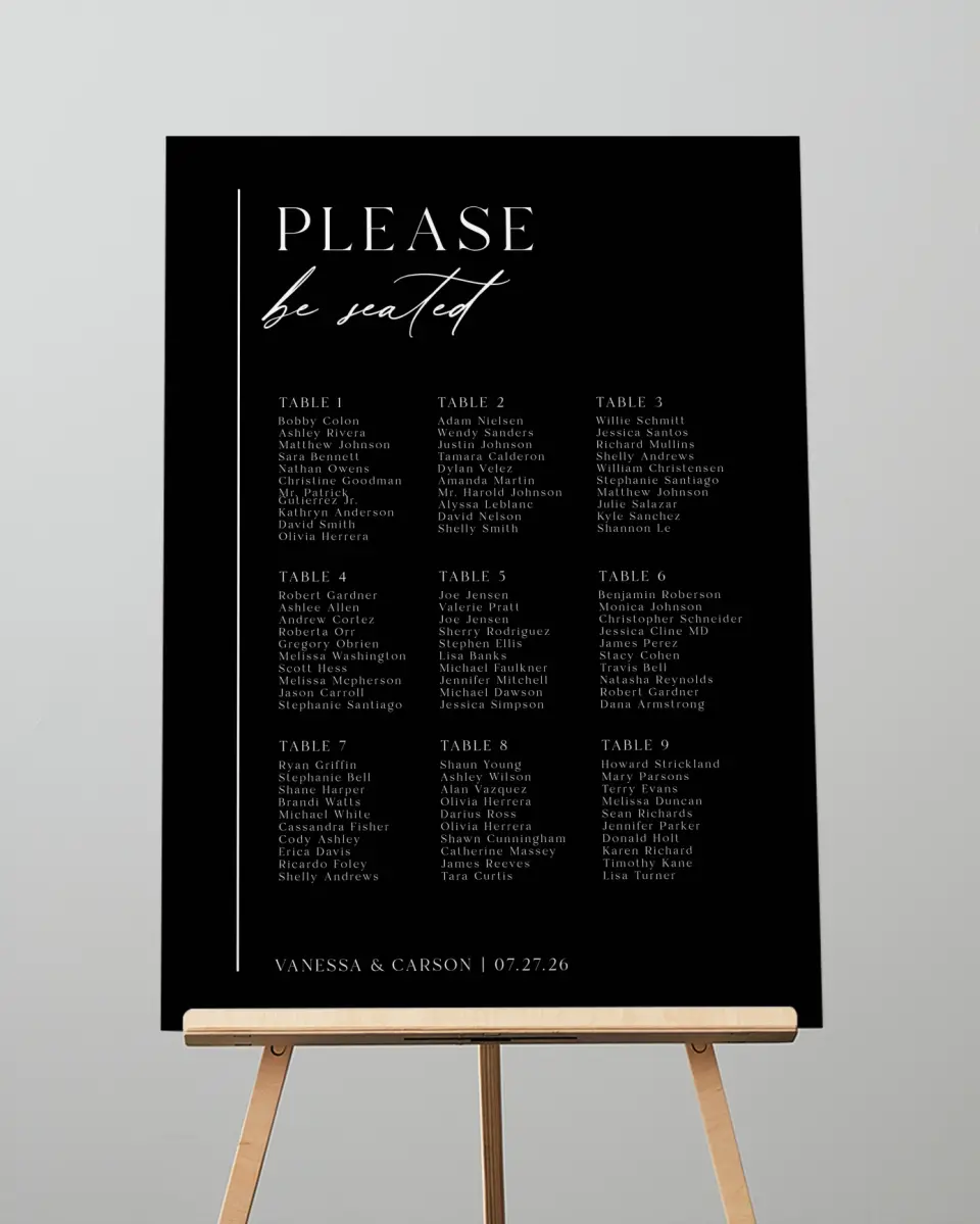 This is a 20" x 28" Seating Chart Sign called Endless Love printed in full color with Gold foil