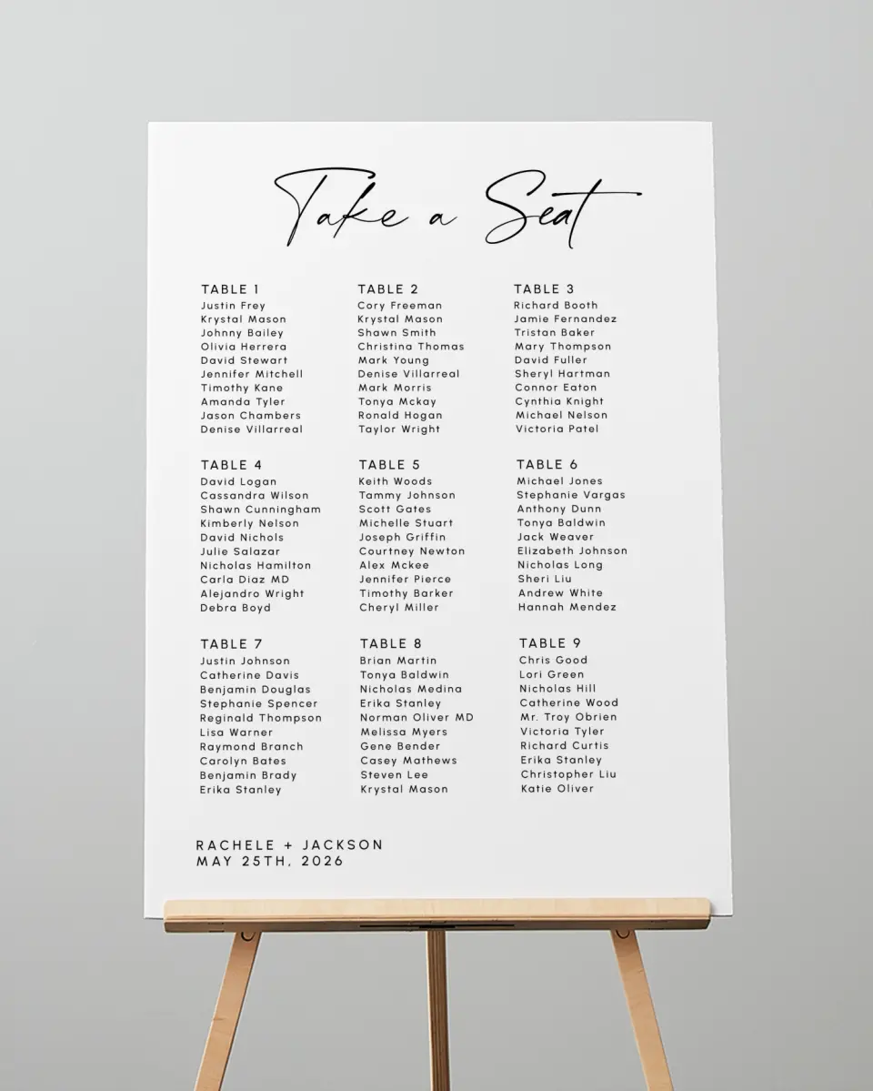 This is a 20" x 28" Seating Chart Sign called Modern Simplicity printed in full color