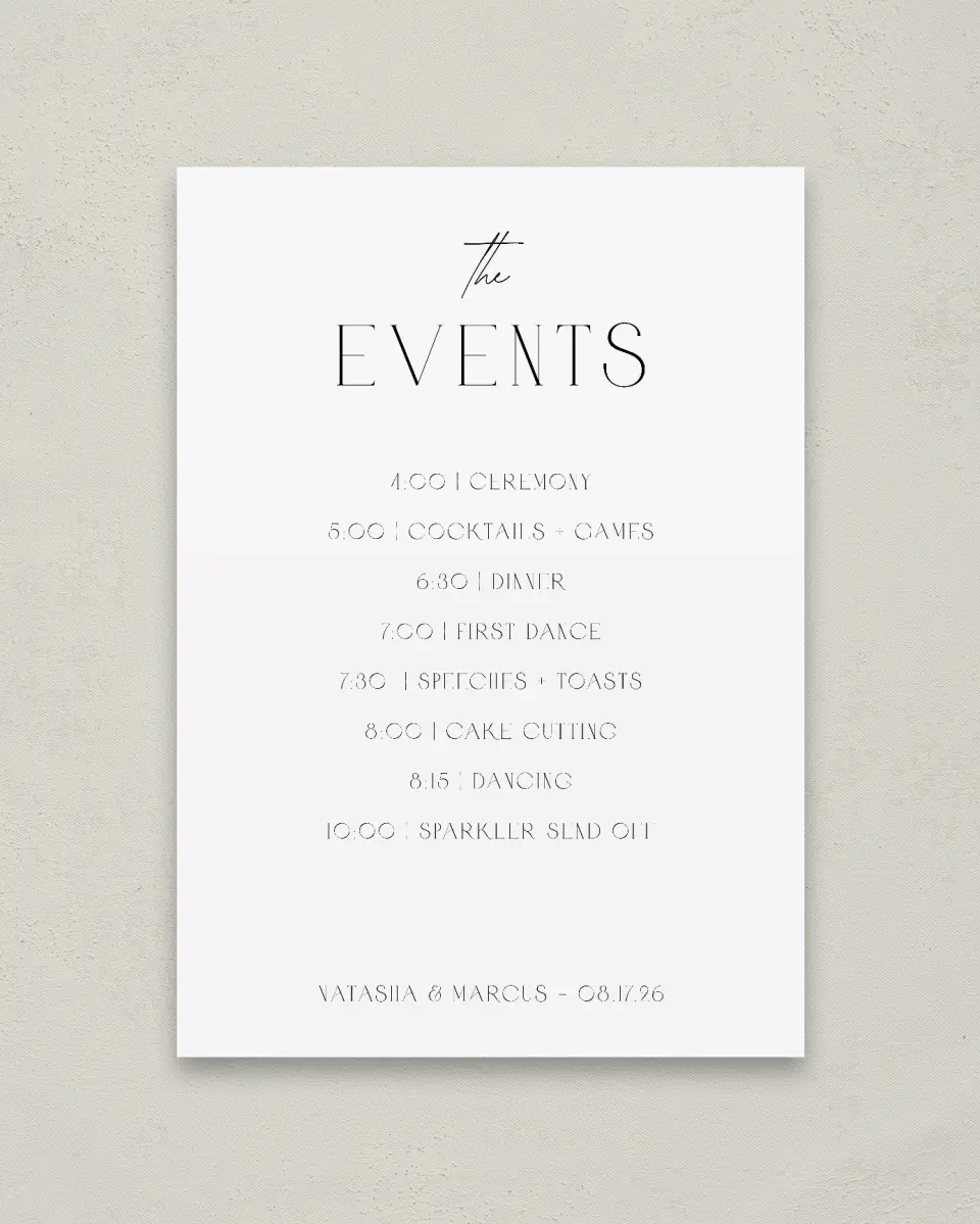 This is a 20" x 28" Schedule Sign called Understated Elegance printed in full color