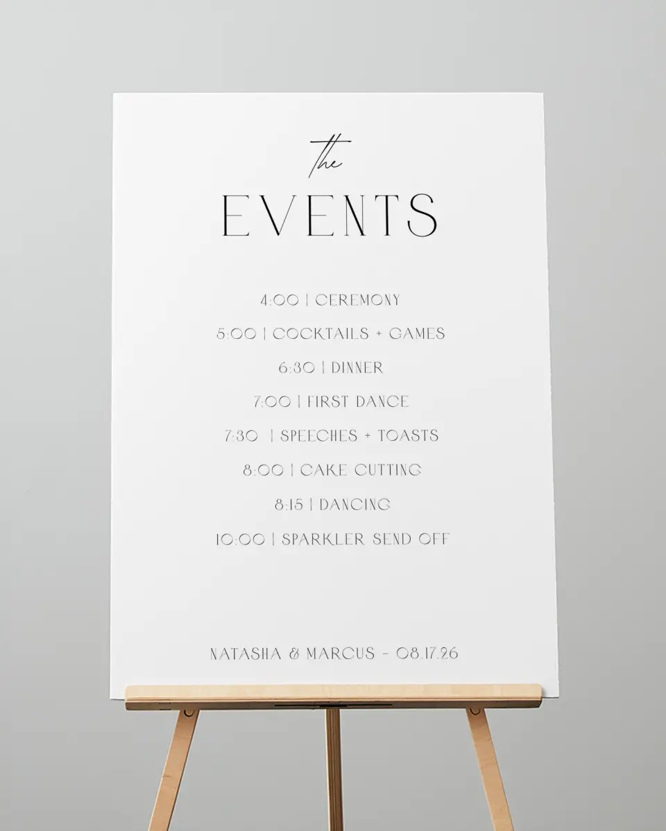 This is a 20" x 28" Schedule Sign called Understated Elegance printed in full color with Silver foil