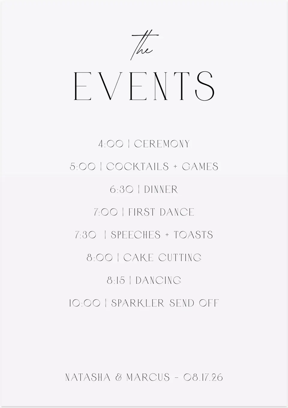 This is a 20" x 28" Schedule Sign called Understated Elegance printed in full color with Silver foil