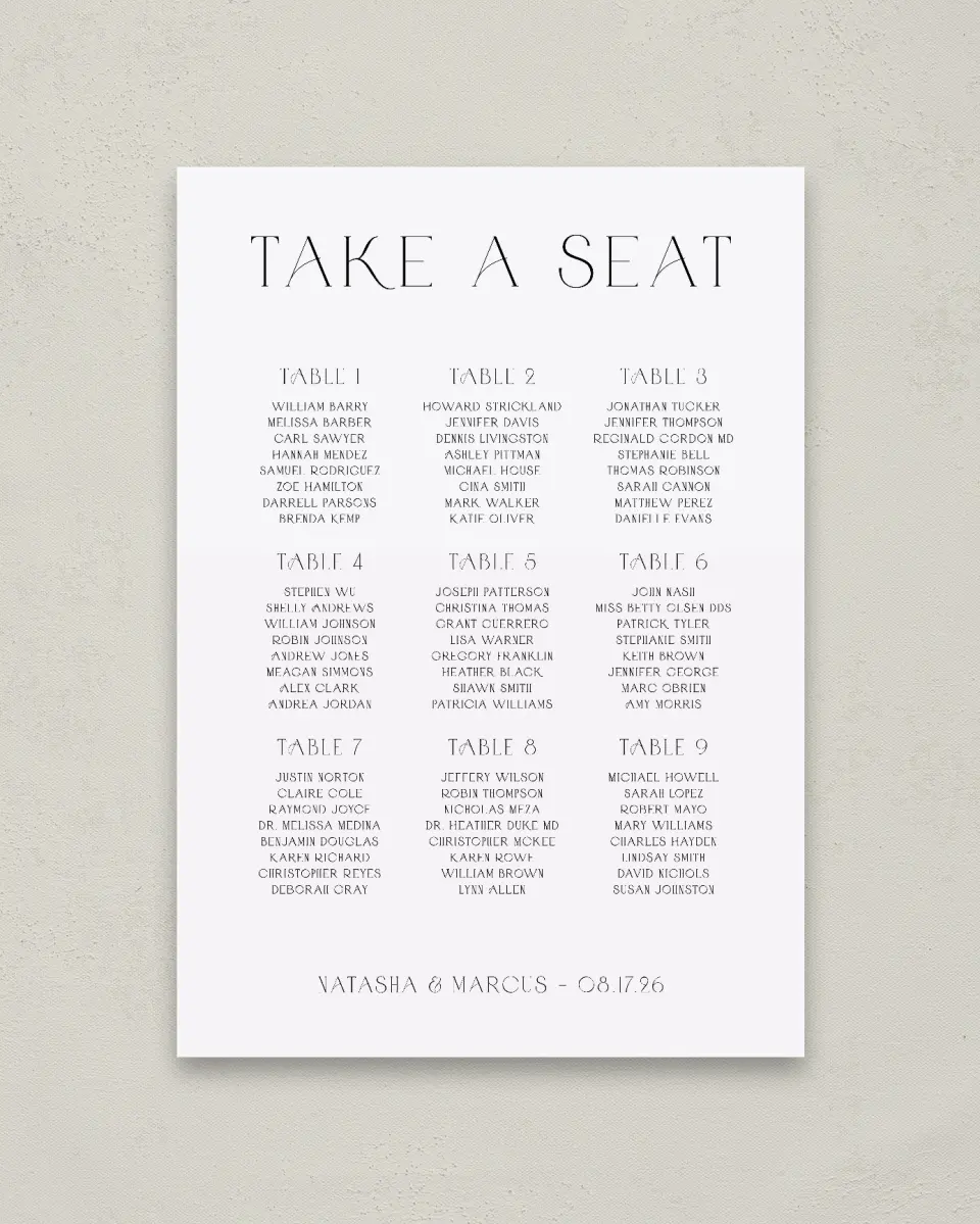 This is a 20" x 28" Seating Chart Sign called Understated Elegance printed in full color
