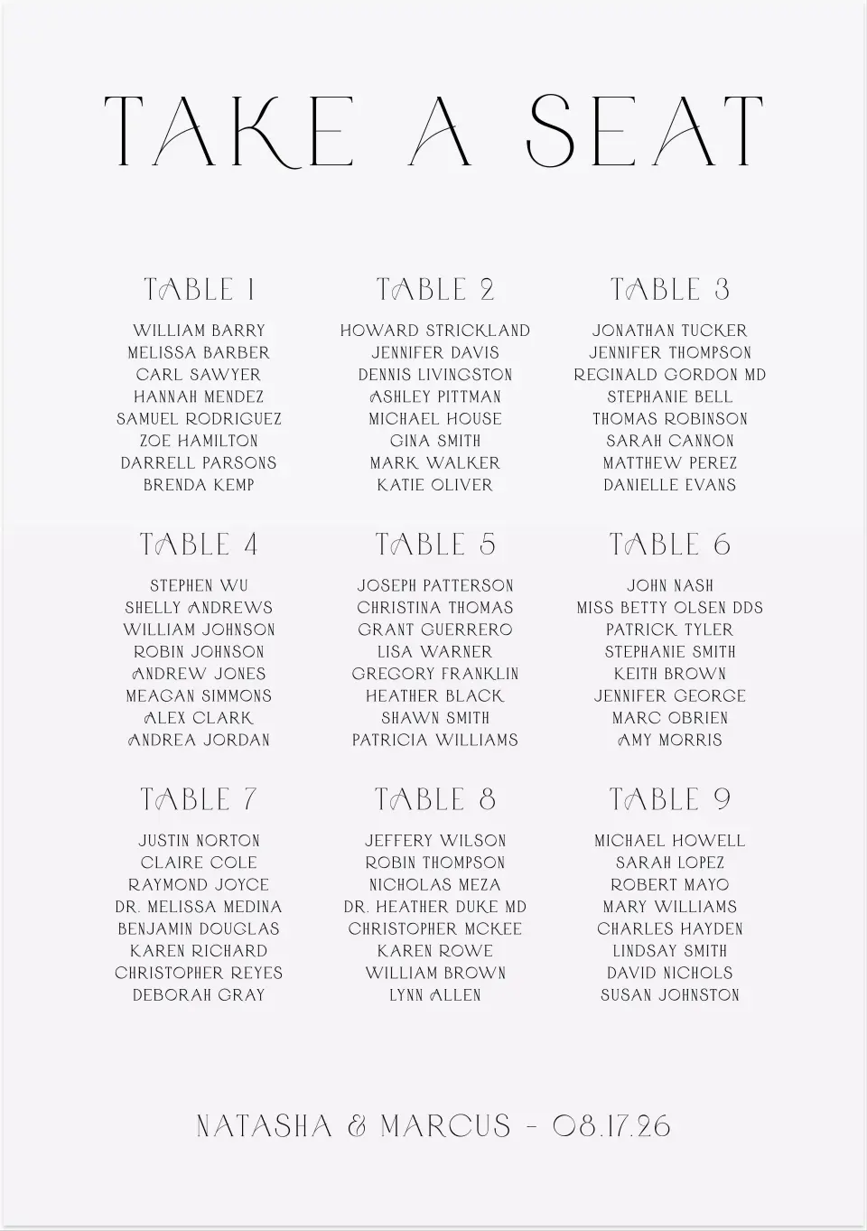 This is a 20" x 28" Seating Chart Sign called Understated Elegance printed in full color with Silver foil