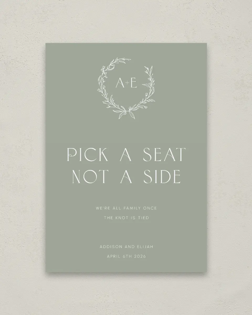 This is a 20" x 28" Pick a Seat Sign called Modern Monogram printed in full color