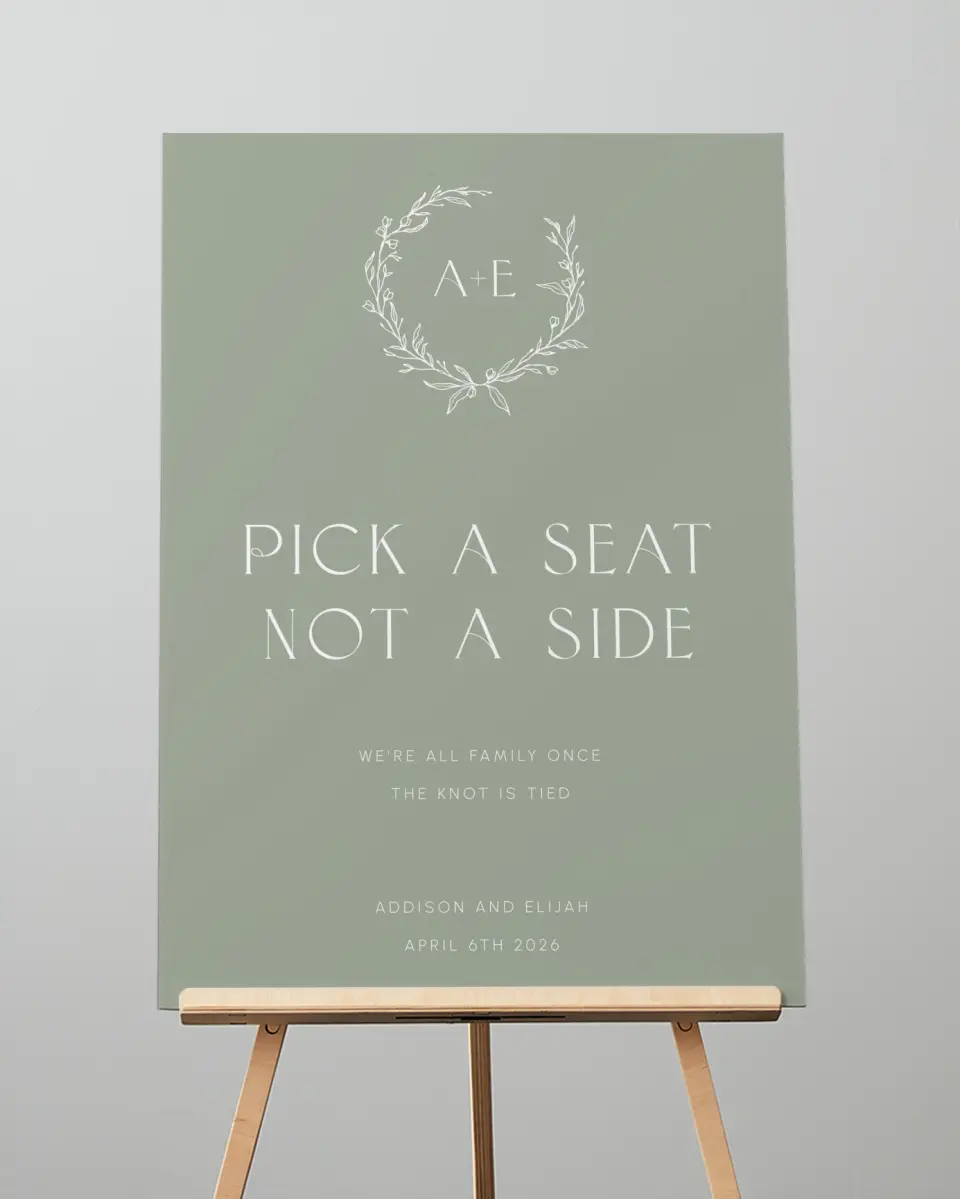 This is a 20" x 28" Pick a Seat Sign called Modern Monogram printed in full color
