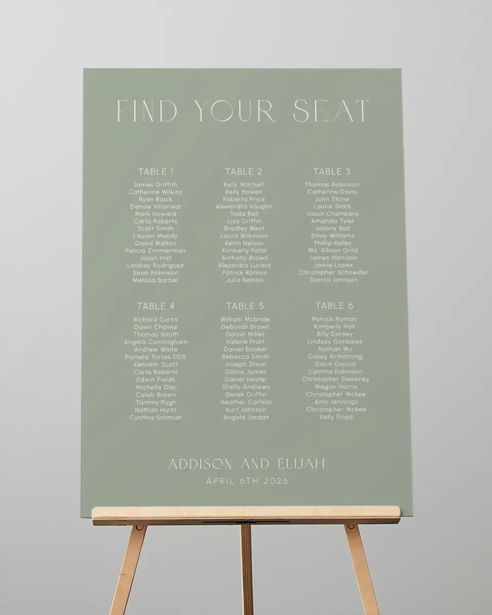 This is a 20" x 28" Seating Chart Sign called Modern Monogram printed in full color