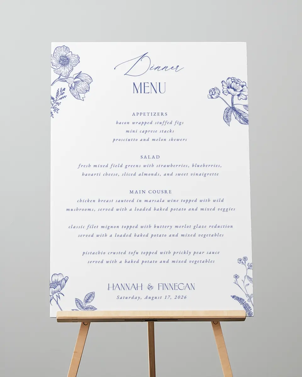 This is a 20" x 28" Menu Sign called Modern Chinoiserie printed in full color with Silver foil