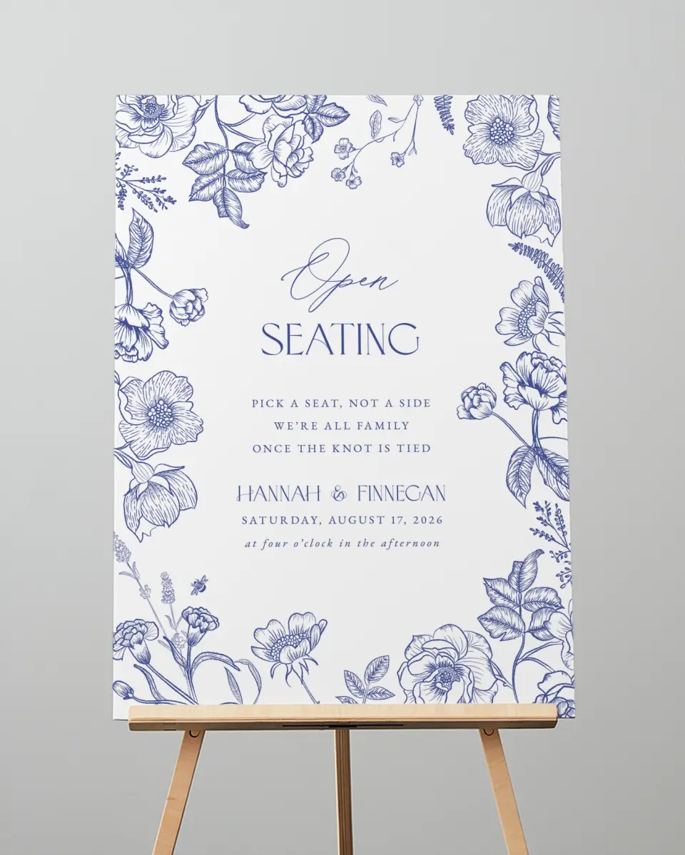 This is a 20" x 28" Pick a Seat Sign called Modern Chinoiserie printed in full color