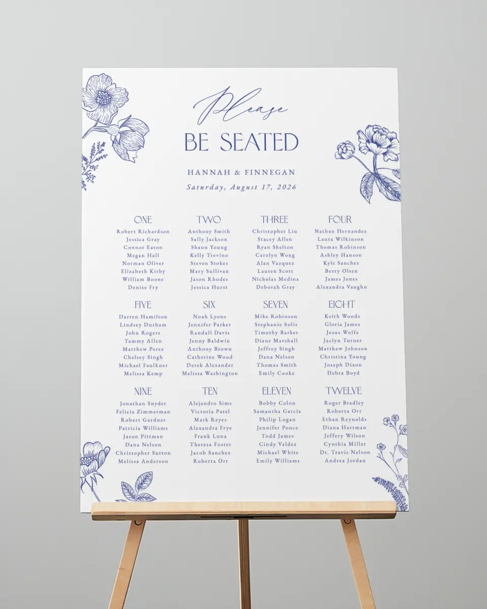 This is a 20" x 28" Seating Chart Sign called Modern Chinoiserie printed in full color