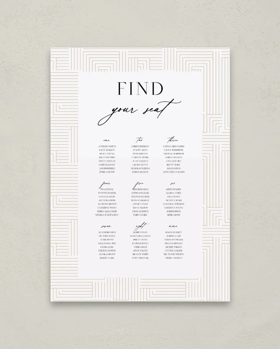This is a 20" x 28" Seating Chart Sign called Love Maze printed in full color with Gold foil