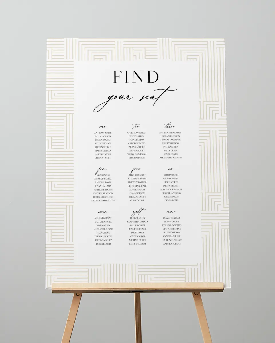 This is a 20" x 28" Seating Chart Sign called Love Maze printed in full color with Gold foil