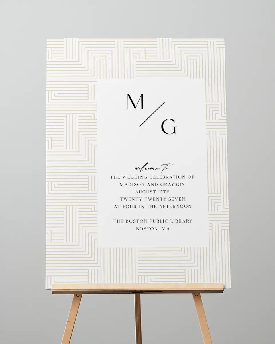 This is a 20" x 28" Welcome Sign called Love Maze printed in full color with Gold foil