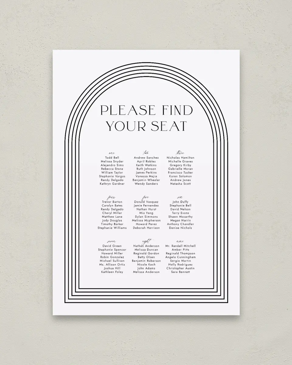 This is a 20" x 28" Seating Chart Sign called Passionate Arch printed in full color with Gold foil